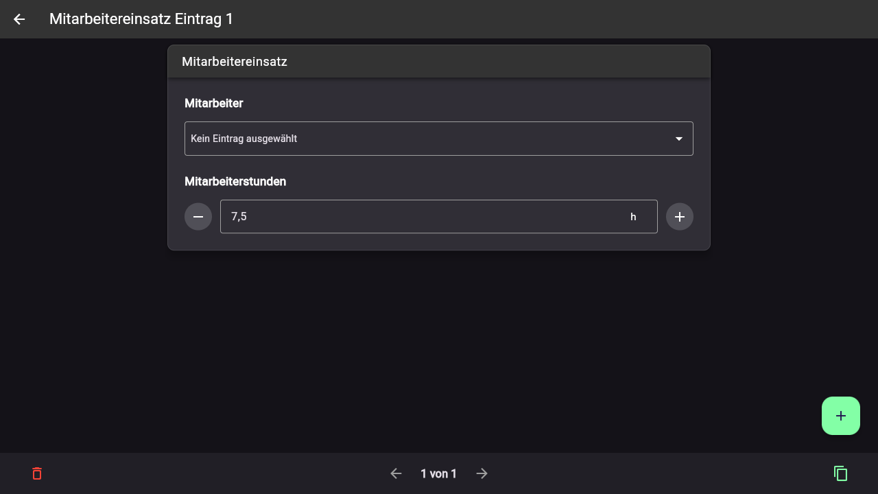 Zahleneingabe-Baustein "Mitarbeiterstunden" mit dem Wert 7,5 h und den Minus-/Plus-Buttons links und rechts daneben