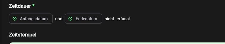 Baustein Zeitdifferenz beim Ausfüllen in der App-Webansicht mit dem Hinweis, dass Anfangsdatum und Endedatum noch nicht erfasst sind