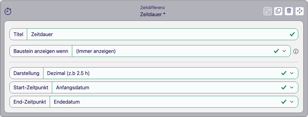 Baustein Zeitdifferenz im Eigenschaften-Panel des Formular Designers mit Start-Zeitpunkt und End-Zeitpunkt