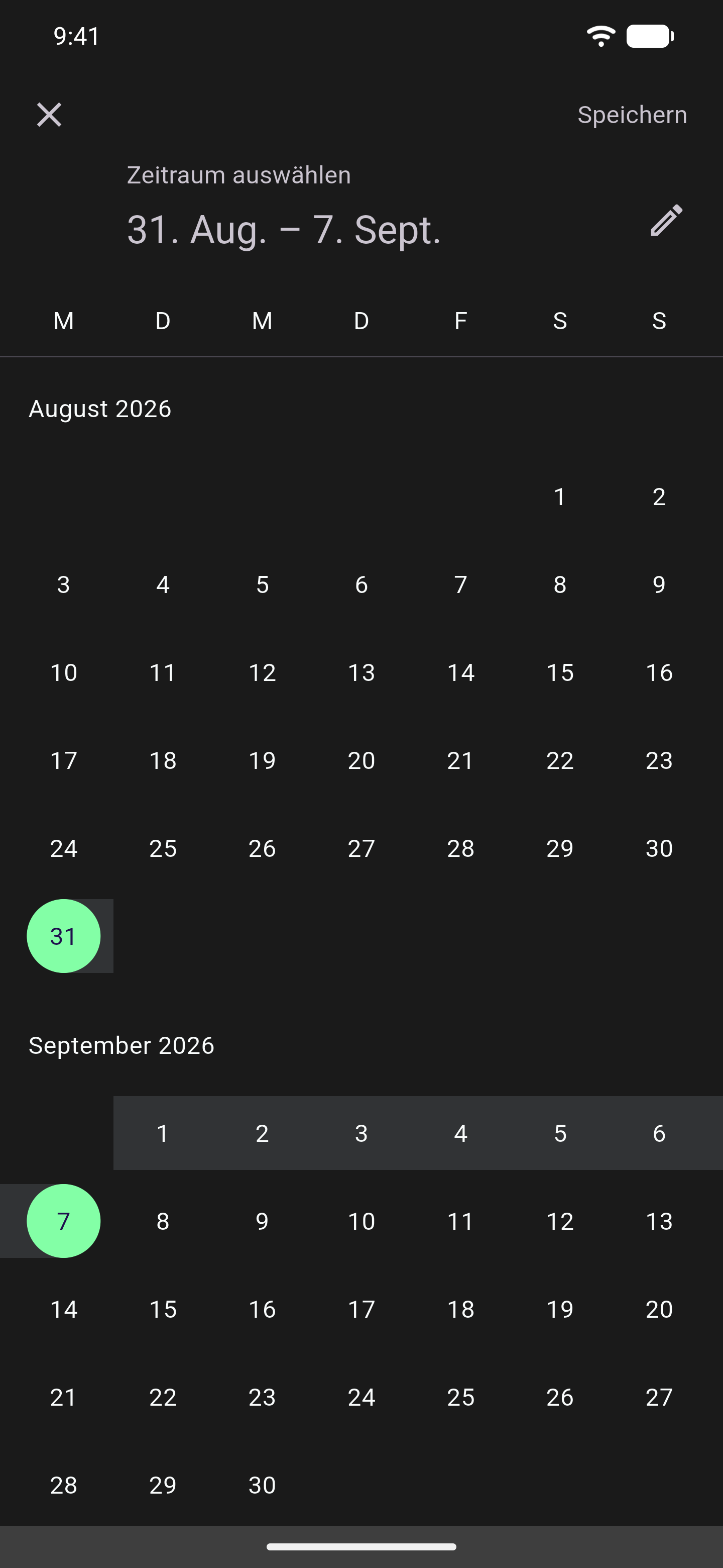 Zeitraum-Auswahl auf Android: ein durchgehender Kalender über zwei Monate mit markiertem Start- und Enddatum und dem Speichern-Button oben rechts