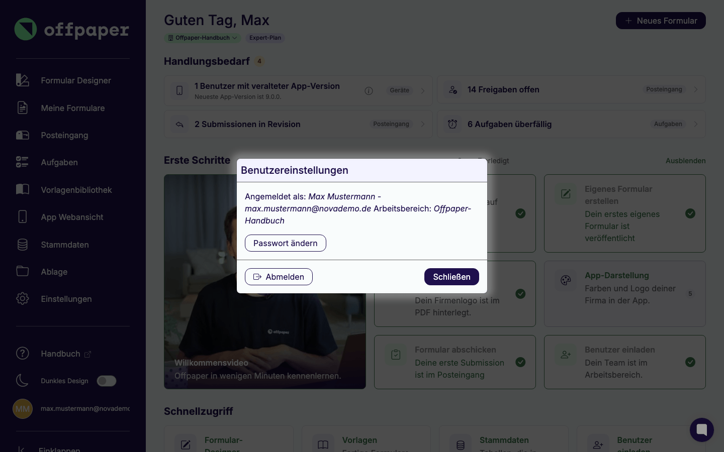 Dialog Benutzereinstellungen über dem Startbildschirm mit der Zeile Angemeldet als Max Mustermann, dem Arbeitsbereich Offpaper-Handbuch, dem Button Passwort ändern, unten links dem Button Abmelden und unten rechts dem Button Schließen