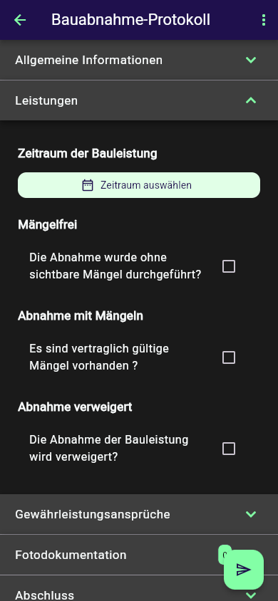 Formular Bauabnahme-Protokoll mit dem Bereich "Leistungen" aufgeklappt, während "Allgemeine Informationen" und "Gewährleistungsansprüche" zugeklappt bleiben