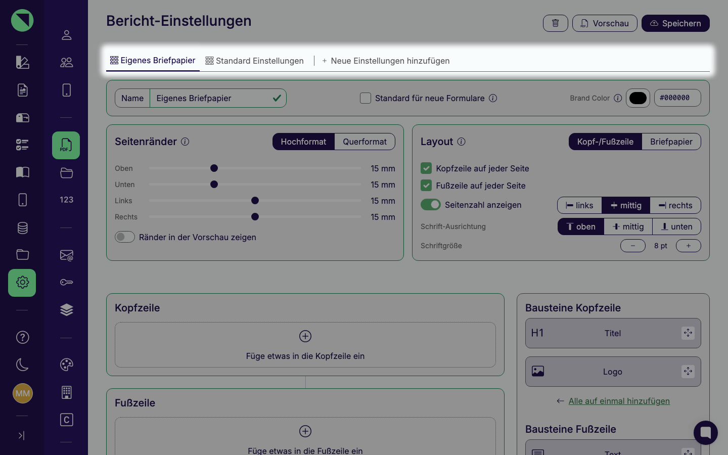 Seite „Bericht-Einstellungen" mit der Reiterleiste der Profile, dem Reiter „Neue Einstellungen hinzufügen" rechts, den Buttons Vorschau und Speichern in der Kopfleiste und dem geöffneten Profil „Standard Einstellungen" darunter