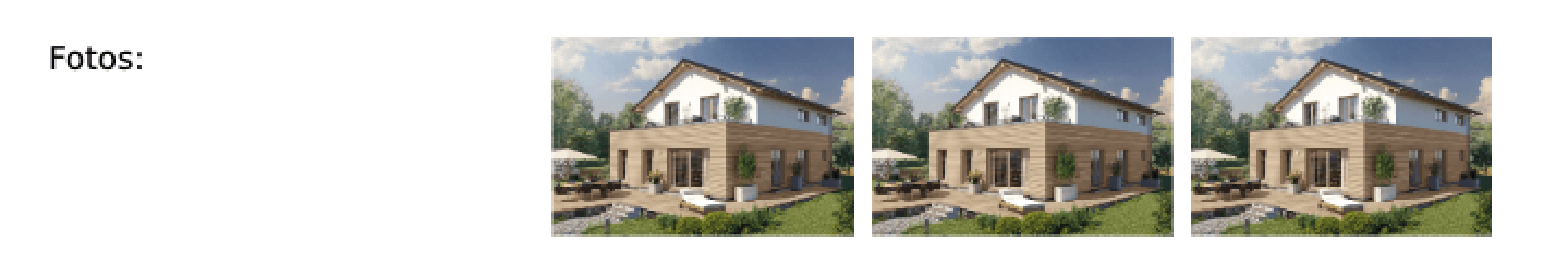 Ausschnitt eines Berichts: Neben der Beschriftung Fotos stehen drei Bilder eines Hauses nebeneinander in einer Reihe statt untereinander
