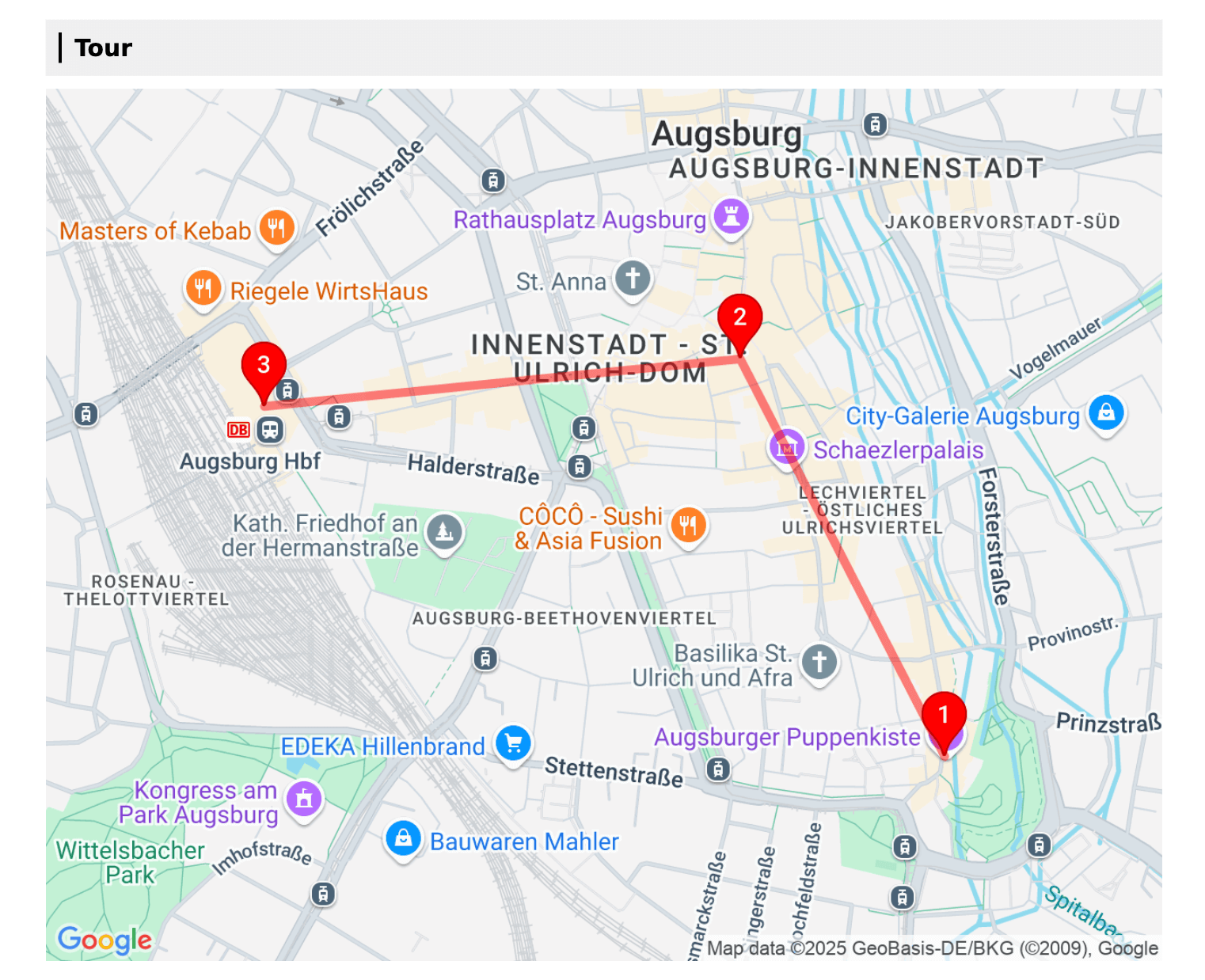 Abschnitt Tour in einem PDF-Bericht: Eine Karte von Augsburg zeigt drei nummerierte Positionsmarker, die durch eine rote Linie zu einer Strecke verbunden sind