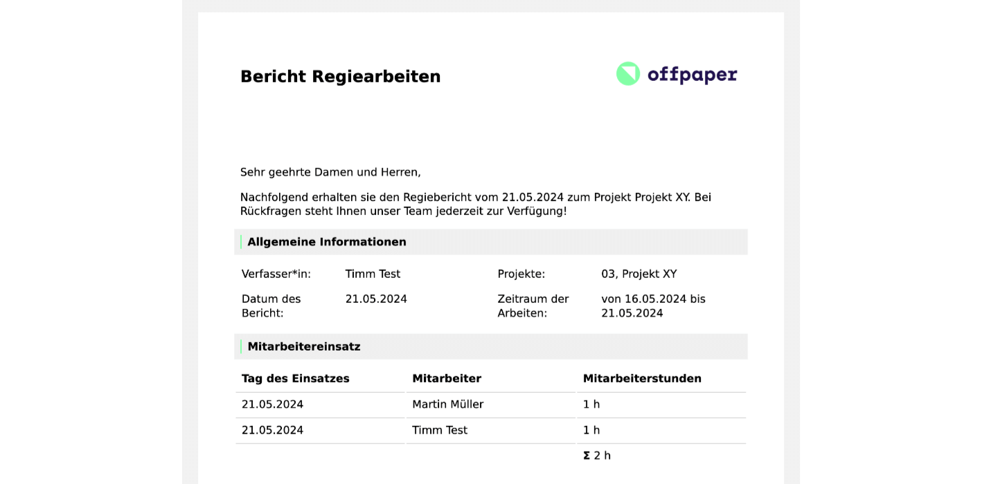Ausschnitt eines PDF-Berichts: Im Abschnitt Allgemeine Informationen stehen Verfasser und Projekte sowie Datum und Zeitraum jeweils zweispaltig nebeneinander, darunter eine Tabelle mit Mitarbeiterstunden