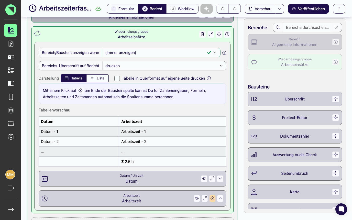 Geöffnete Einstellungen der Wiederholungsgruppe Arbeitseinsätze mit Darstellung "Tabelle" und Tabellenvorschau mit zwei Spalten, Platzhalterdaten und Summenzeile