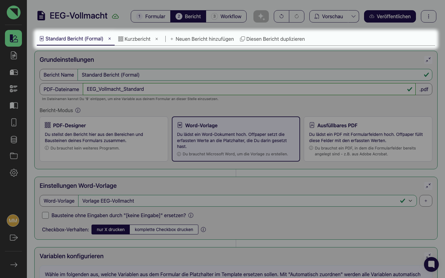 Formular EEG-Vollmacht mit zwei Berichten in der Reiterleiste - "Standard Bericht (Formal)" im Modus Word-Vorlage (Word-Symbol am Reiter) und "Kurzbericht" im Modus PDF-Designer daneben