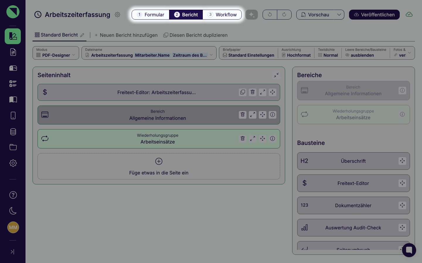 Kopfleiste des Formular-Designers mit den drei nummerierten Reiter "Formular", "Bericht" und "Workflow" - alle Nummern gefüllt bzw. gestrichelt, der aktive Bericht-Reiter ohne Warnung, da der Bericht vollständig gültig ist