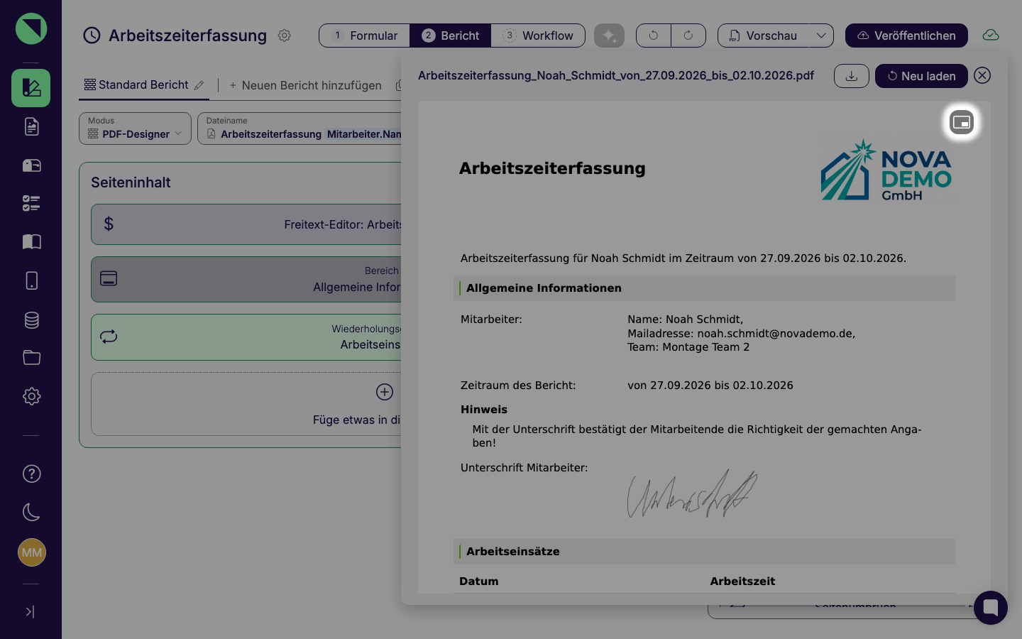 Bericht-Vorschau mit Mauszeiger über dem PDF: in der Kopfzeile Dateiname, Herunterladen, Neu laden und Vorschau schließen, darüber eingeblendet der Button "In eigenem Fenster öffnen"
