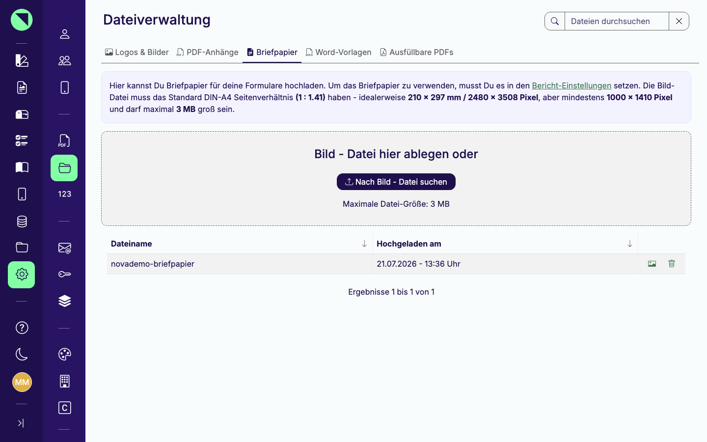 Reiter Briefpapier mit dem Format-Hinweistext zum DIN-A4-Seitenverhältnis und der maximalen Dateigröße von 3 MB
