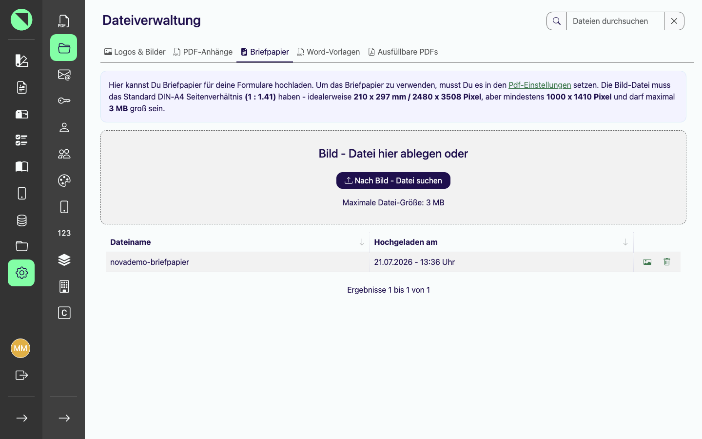 Tab Briefpapier mit dem Format-Hinweistext zum DIN-A4-Seitenverhältnis und der maximalen Dateigröße von 3 MB