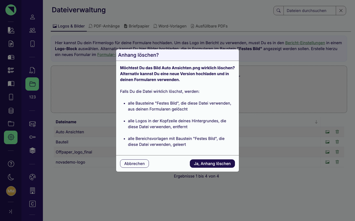 Bestätigungsdialog „Anhang löschen?" für eine Bild-Datei mit dem vollständigen Warntext zu allen betroffenen Verwendungen und den Buttons Abbrechen und Ja, Anhang löschen