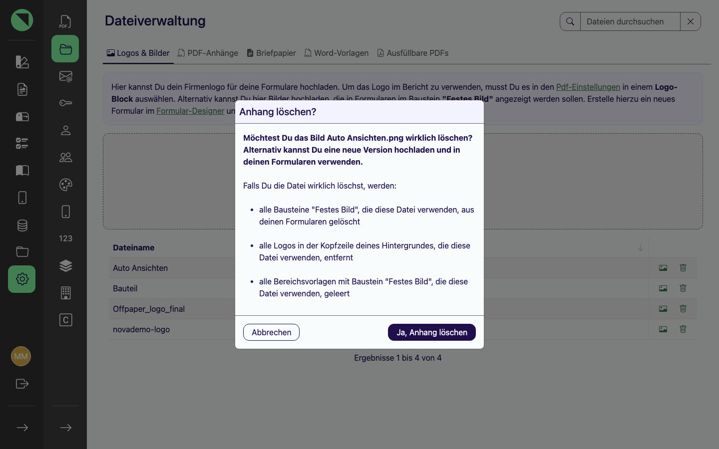 Bestätigungsdialog „Anhang löschen?" für eine Bild-Datei mit dem vollständigen Warntext zu allen betroffenen Verwendungen und den Buttons Abbrechen und Ja, Anhang löschen