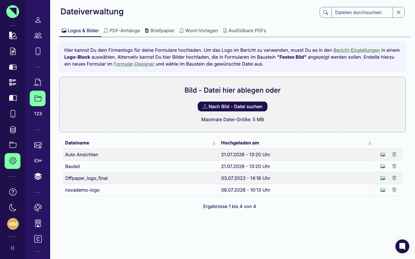 Dateiverwaltung mit der Reiterleiste aller fünf Bereiche, dem geöffneten Reiter „Logos & Bilder" und einer gefüllten Dateiliste darunter