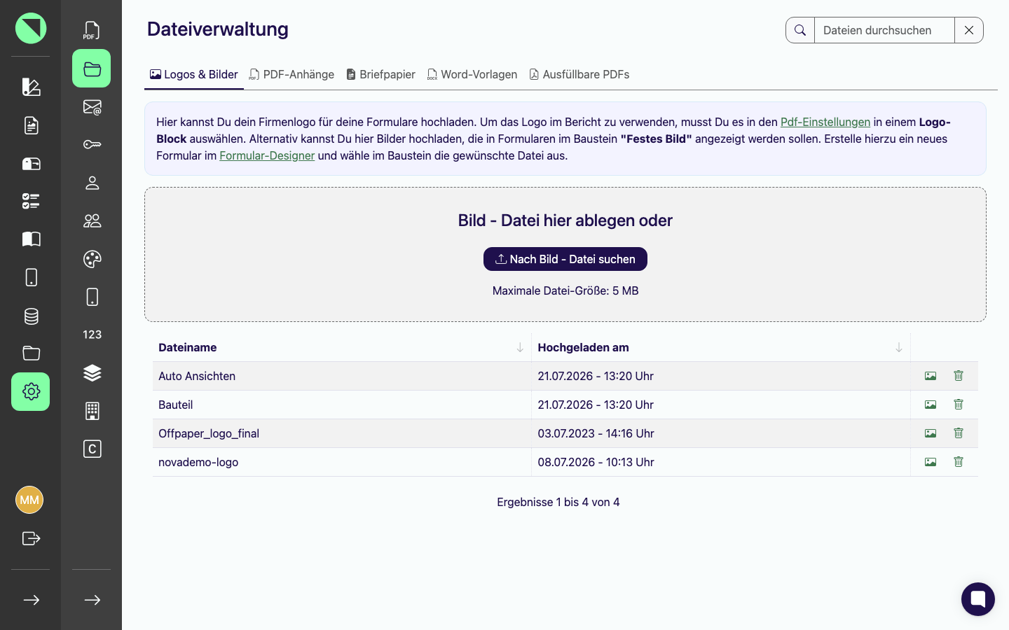 Dateiverwaltung mit der Tab-Leiste aller fünf Bereiche, dem geöffneten Tab „Logos & Bilder" und einer gefüllten Dateiliste darunter