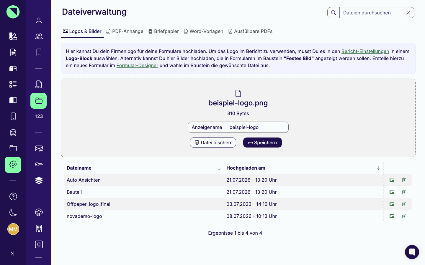 Upload-Bereich nach der Dateiauswahl mit Dateiname, Dateigröße, dem Feld Anzeigename und den Buttons Datei löschen und Speichern