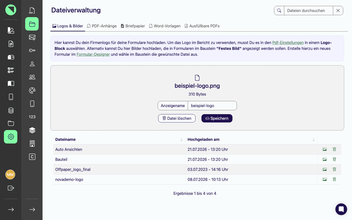 Upload-Bereich nach der Dateiauswahl mit Dateiname, Dateigröße, dem Feld Anzeigename und den Buttons Datei löschen und Speichern
