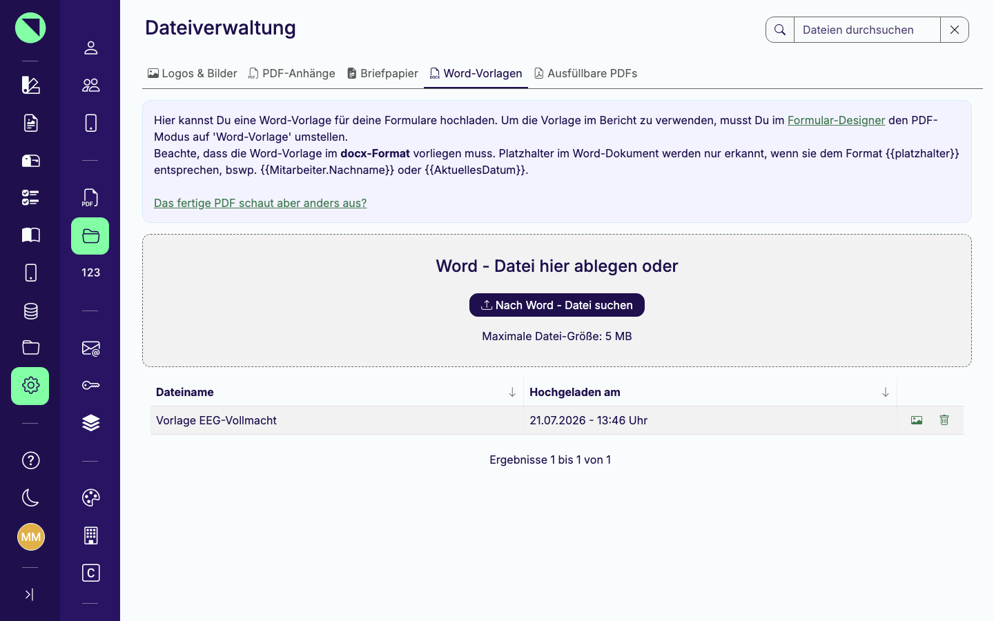 Reiter Word-Vorlagen mit Infokasten, Upload-Bereich und dem Hinweis zum Platzhalter-Format in Word-Dokumenten