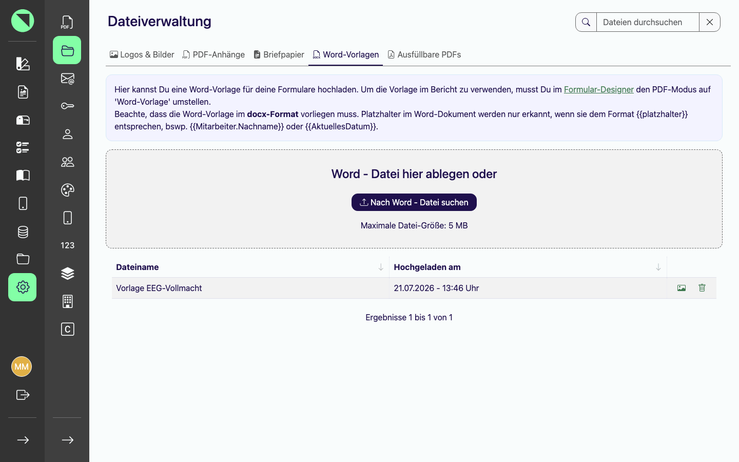 Tab Word-Vorlagen mit Infokasten, Upload-Bereich und dem Hinweis zum Platzhalter-Format in Word-Dokumenten