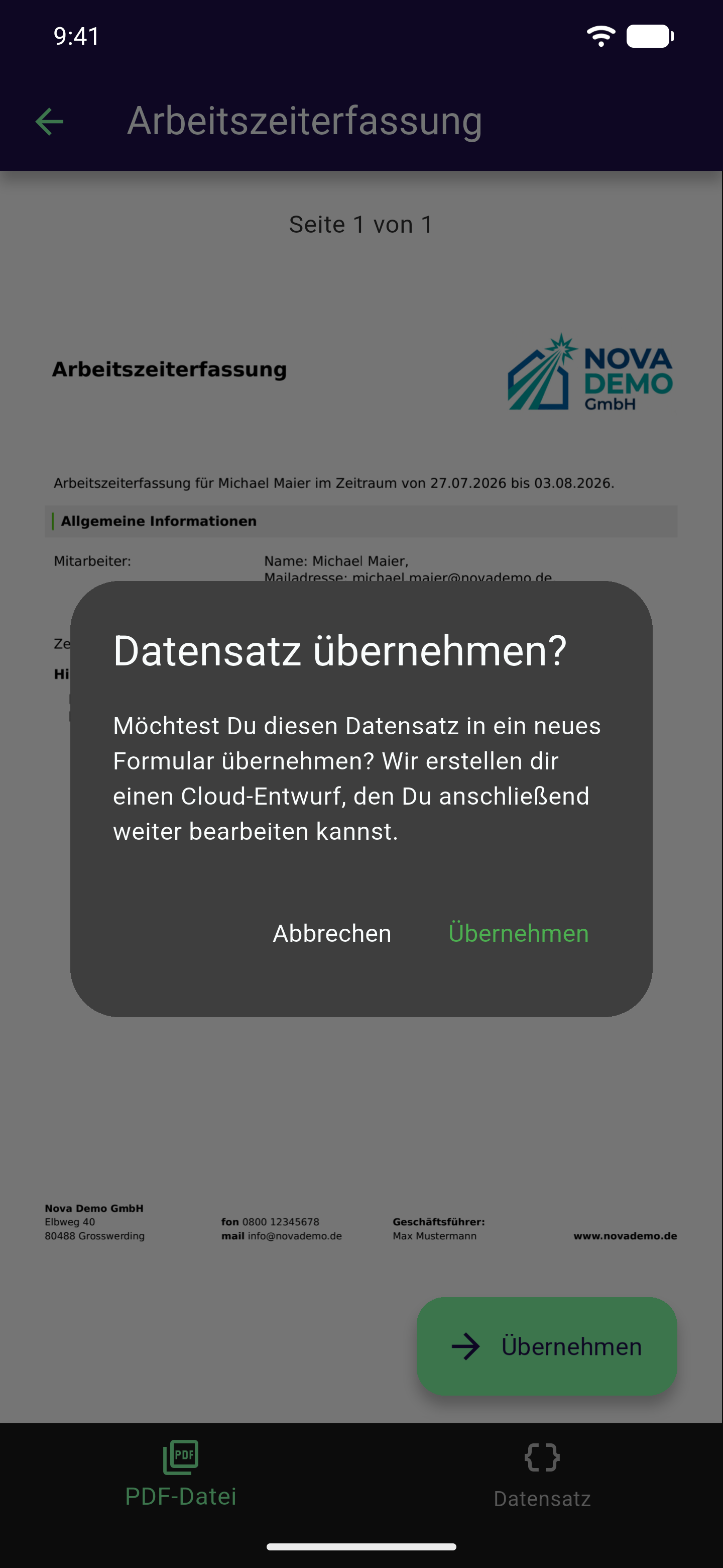 Bestätigungsdialog "Datensatz übernehmen?" mit Erklärung, dass Offpaper dafür einen Cloud-Entwurf erstellt, sowie den Buttons Abbrechen und Übernehmen