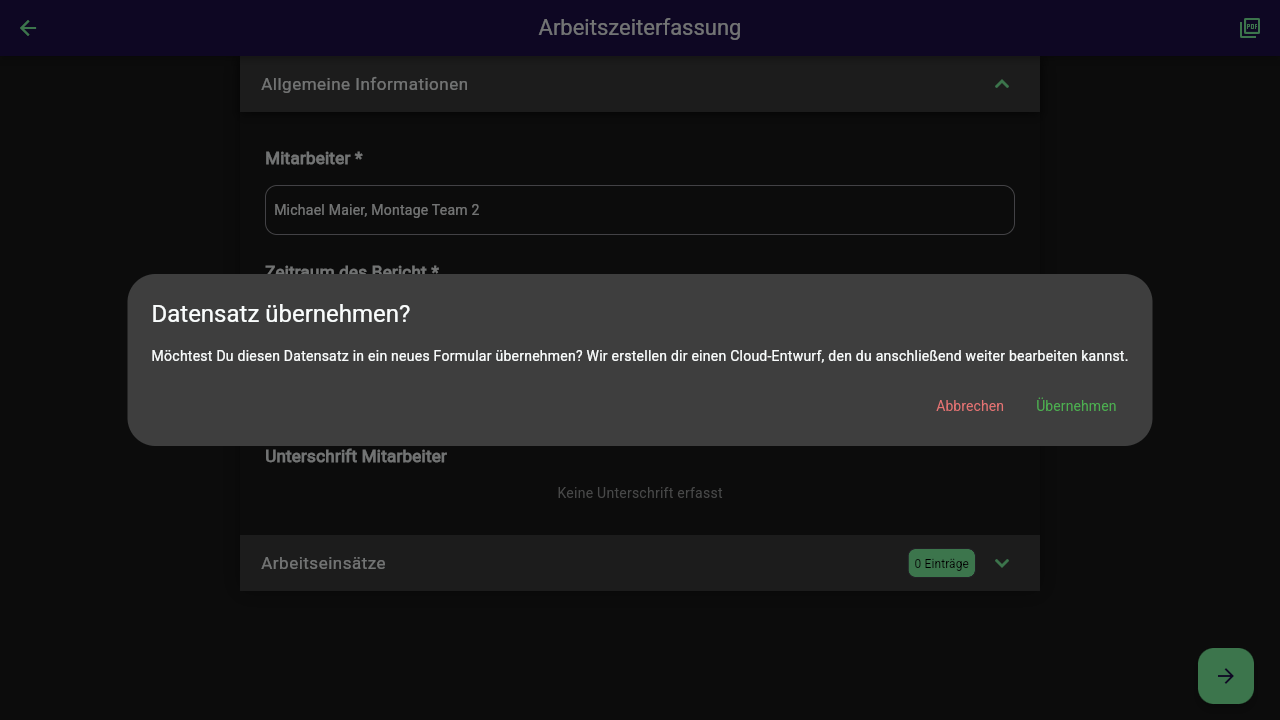 Bestätigungsdialog "Datensatz übernehmen?" mit Erklärung, dass Offpaper dafür einen Cloud-Entwurf erstellt, sowie den Buttons Abbrechen und Übernehmen