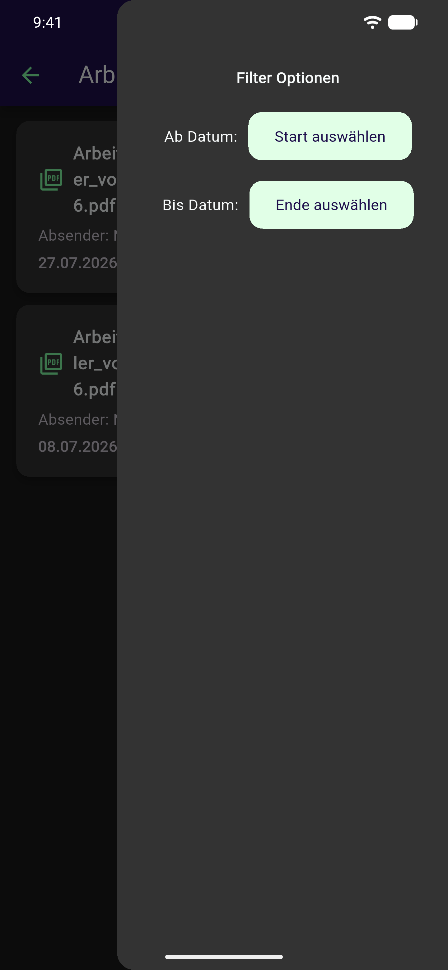 Liste "Arbeitszeiterfassung Einsendungen" mit geöffnetem Filter-Bereich (Ab Datum, Bis Datum)