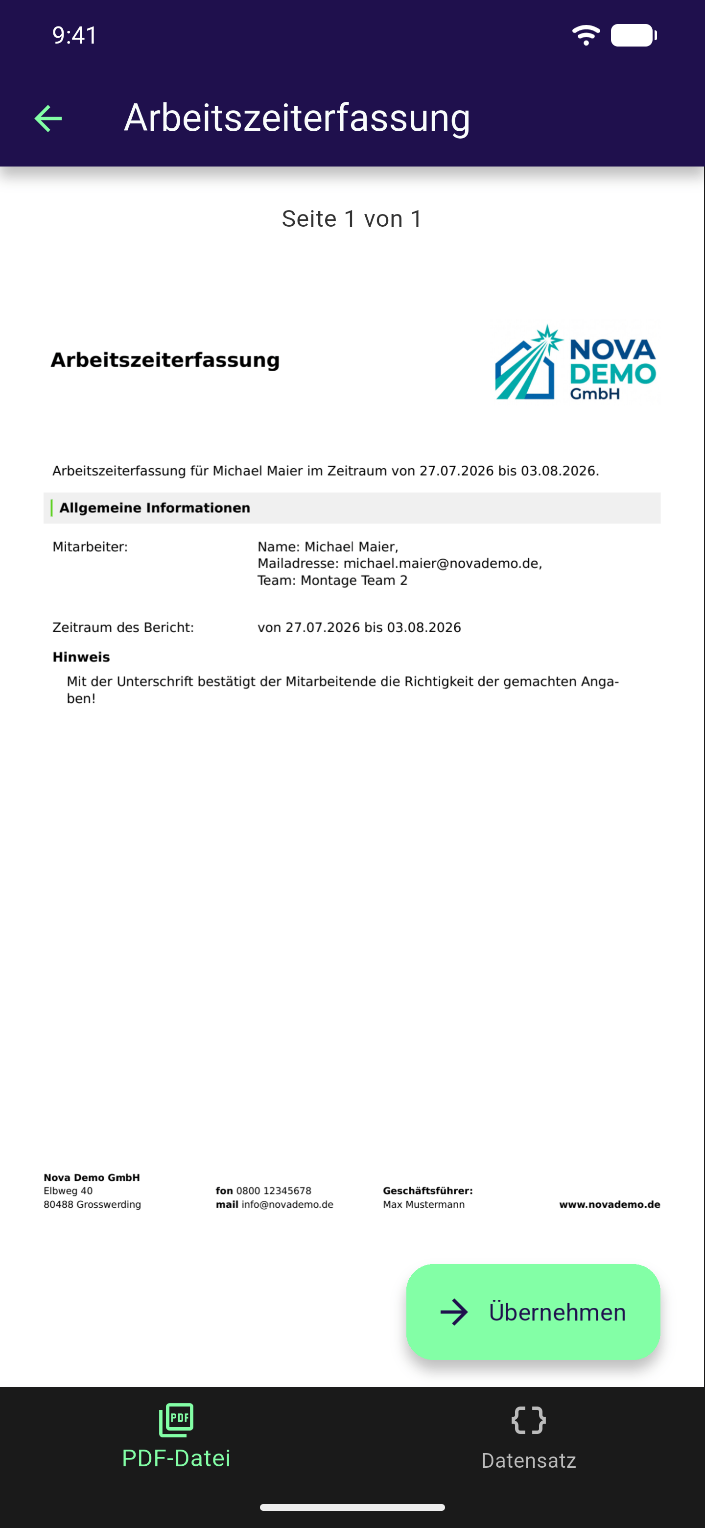 Schreibgeschützte PDF-Vorschau einer früheren Einsendung mit dem Button Übernehmen unten rechts und den Reitern PDF-Datei und Datensatz unten