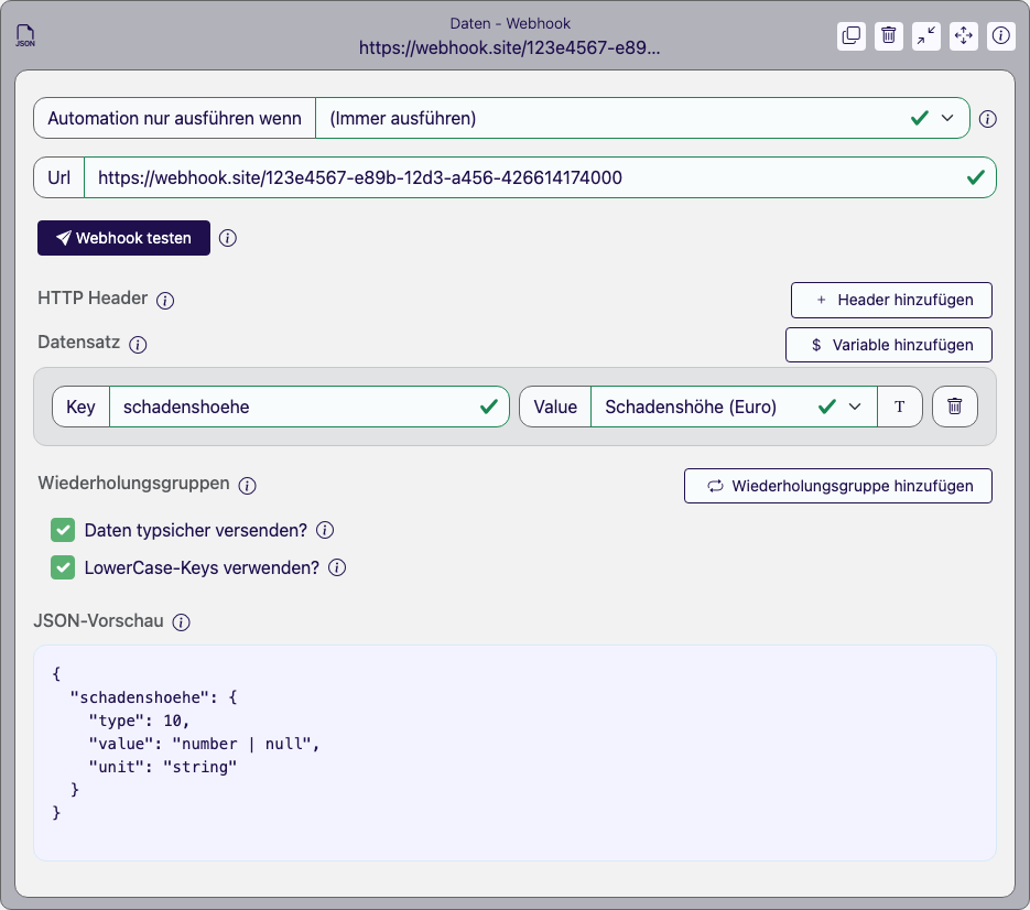 Aufgeklappter Daten-Webhook-Baustein mit URL, HTTP Header, Datensatz-Zuordnung samt Formular-Variable und JSON-Vorschau