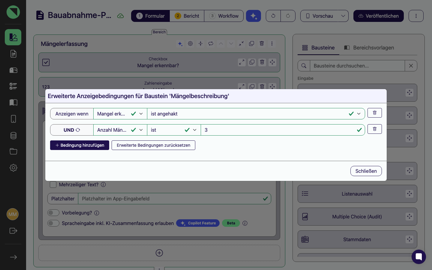 Dialog „Erweiterte Anzeigebedingungen" mit zwei über UND verknüpften Bedingungen und dem Button Bedingung hinzufügen