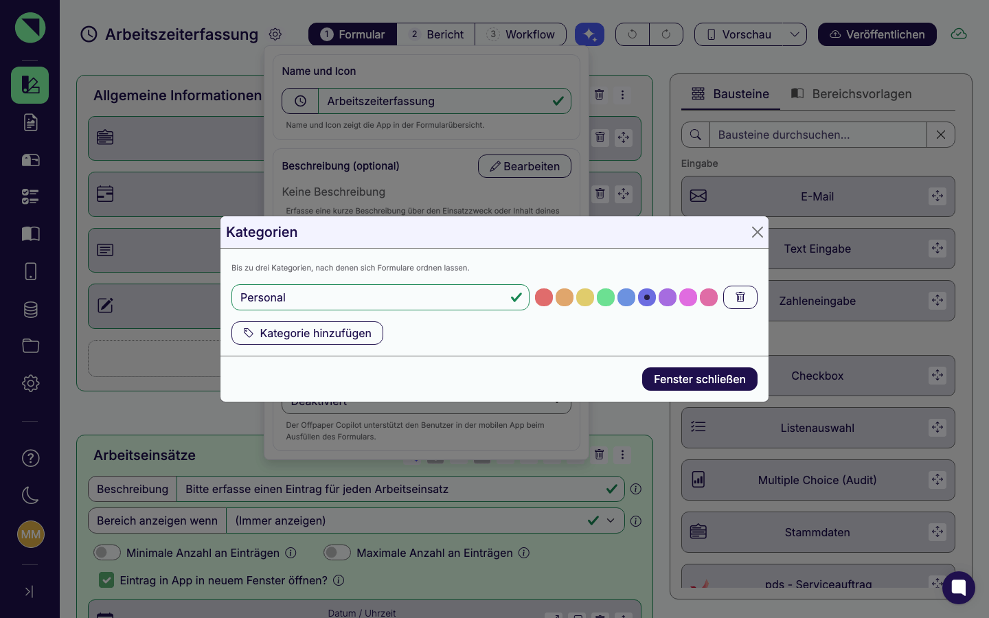 Dialog „Kategorien" mit einer Beispiel-Kategorie samt Farbauswahl und dem Button Kategorie hinzufügen