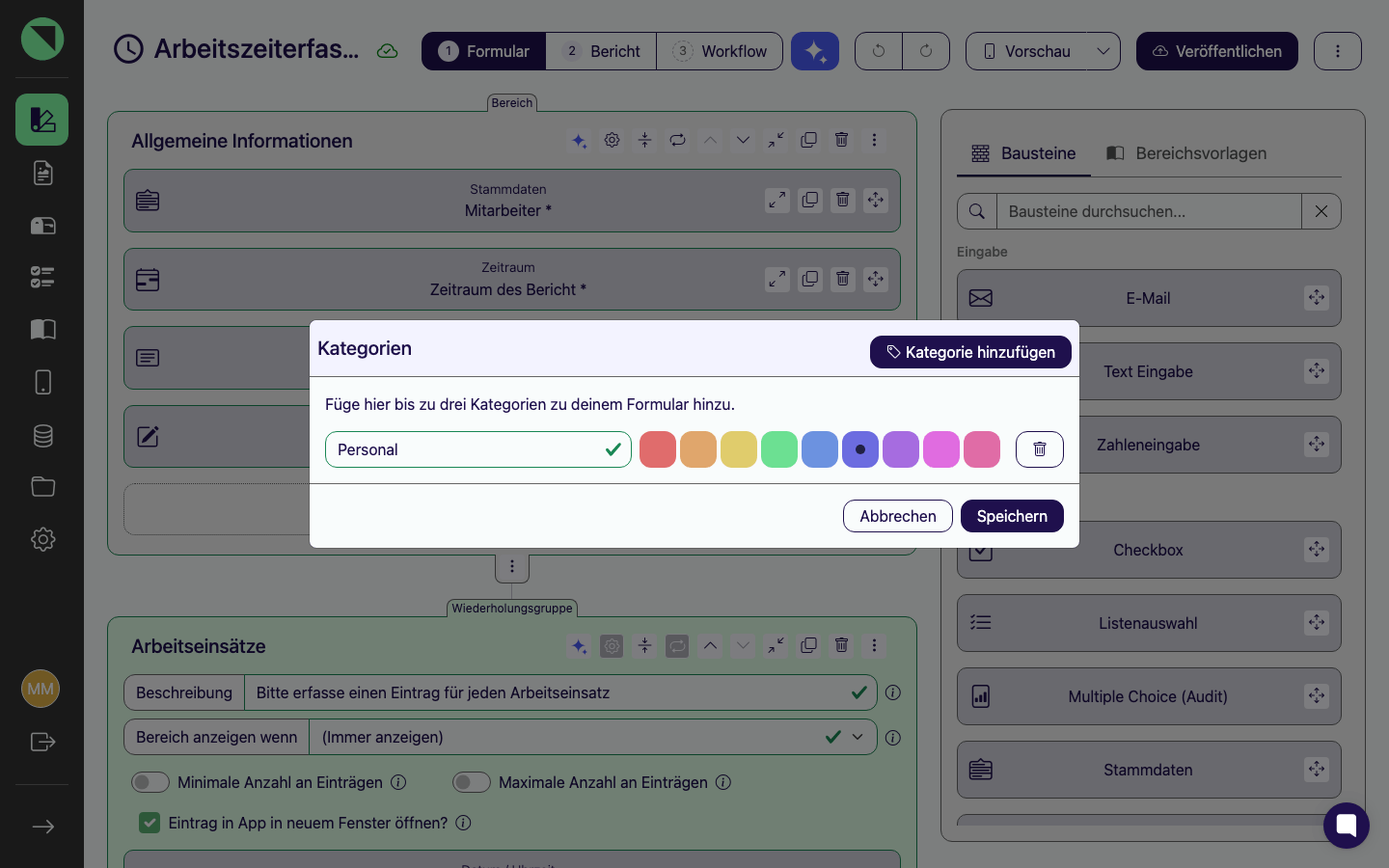 Dialog „Kategorien" mit einer Beispiel-Kategorie samt Farbauswahl und dem Button Kategorie hinzufügen