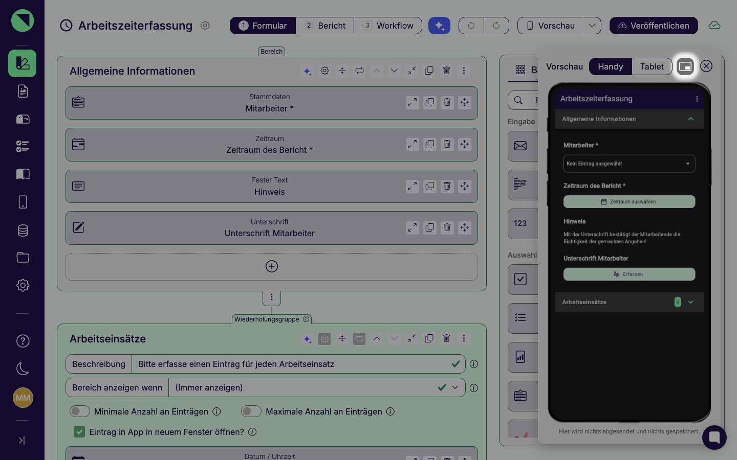 Geöffnete App-Vorschau neben dem Formular-Designer mit Handy-/Tablet-Umschalter oben, daneben der hervorgehobene Button In eigenem Fenster öffnen, unten der Hinweis, dass nichts abgesendet und nichts gespeichert wird