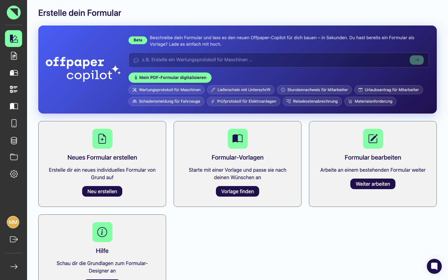 Startbildschirm „Erstelle dein Formular" mit dem Offpaper-Copilot-Eingabebereich und den vier Kacheln Neues Formular erstellen, Formular-Vorlagen, Formular bearbeiten und Hilfe