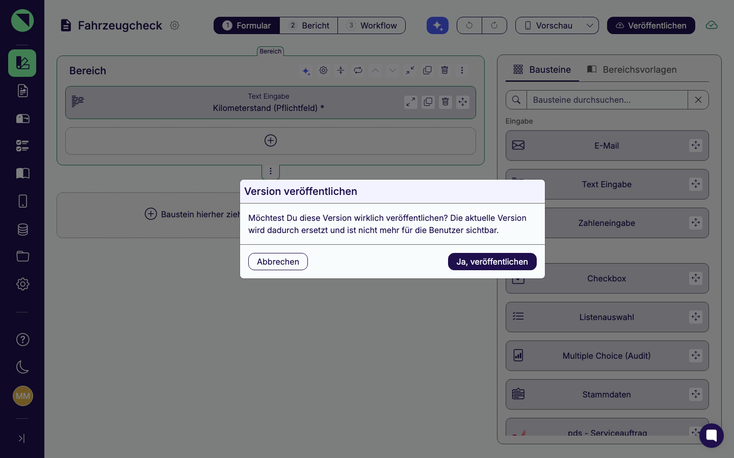 Dialog „Version veröffentlichen" mit dem Hinweis, dass die aktuelle Version ersetzt wird, und den Buttons Abbrechen und Ja, veröffentlichen