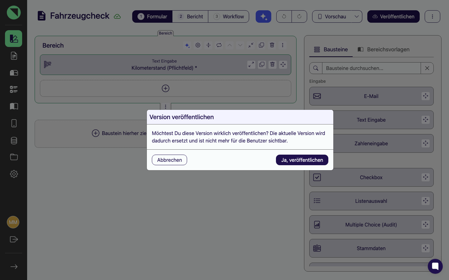 Dialog „Version veröffentlichen" mit dem Hinweis, dass die aktuelle Version ersetzt wird, und den Buttons Abbrechen und Ja, veröffentlichen