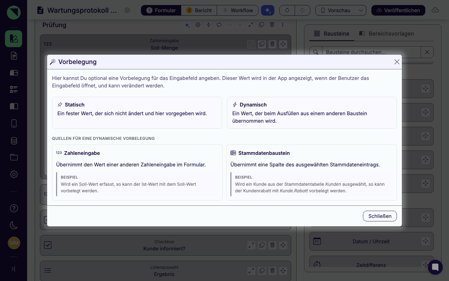 Hilfe-Dialog „Vorbelegung" aus dem Eigenschaften-Panel einer Zahleneingabe: oben die Erklärung von Statisch und Dynamisch, darunter die Liste der Quellen mit dem Beispiel Kundenrabatt aus der Stammdaten-Spalte Kunde.Rabatt