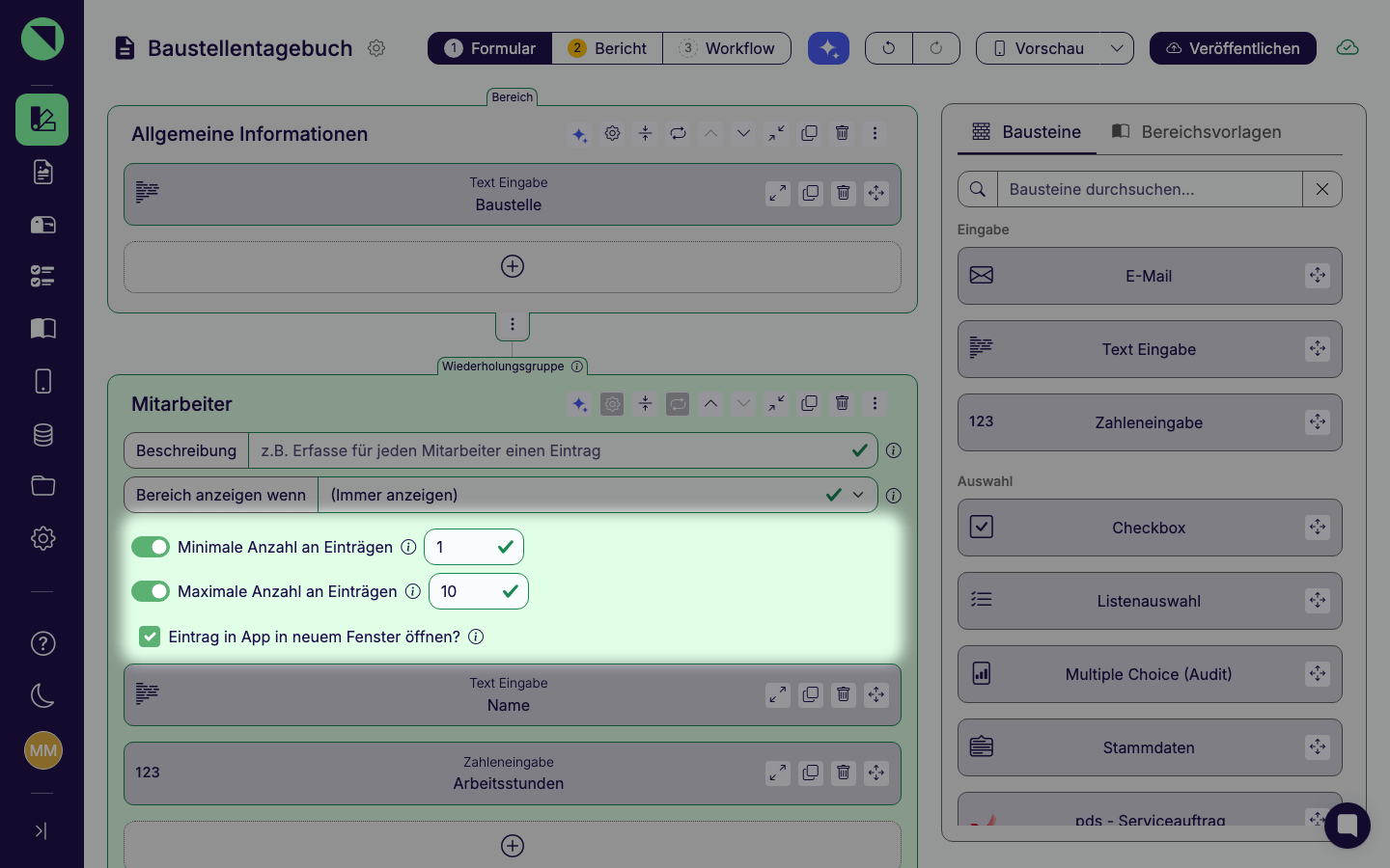 Geöffnete Bereichseinstellungen der Wiederholungsgruppe Mitarbeiter im Formular-Designer: hervorgehoben die eingeschalteten Schalter Minimale und Maximale Anzahl an Einträgen mit Minimalwert 1 und Maximalwert 10 sowie die Checkbox Eintrag in App in neuem Fenster öffnen
