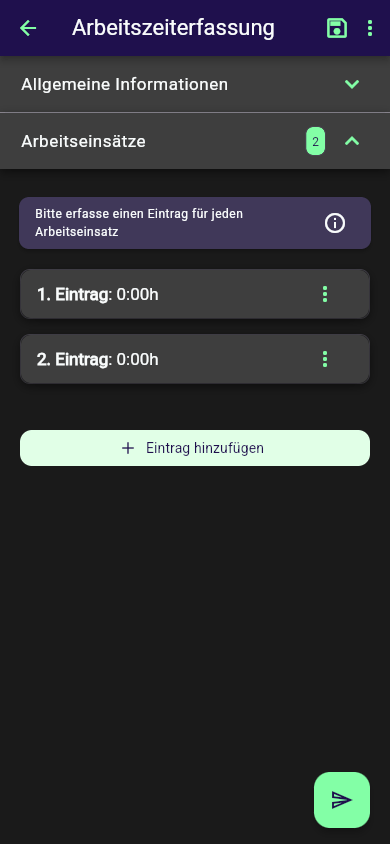 Wiederholungsgruppe Arbeitseinsätze in der App mit dem Zähler 2 und zwei Einträgen in der Liste, jeder mit laufender Nummer und dem Wert des Arbeitszeit-Bausteins als Titel, darunter der Button Eintrag hinzufügen