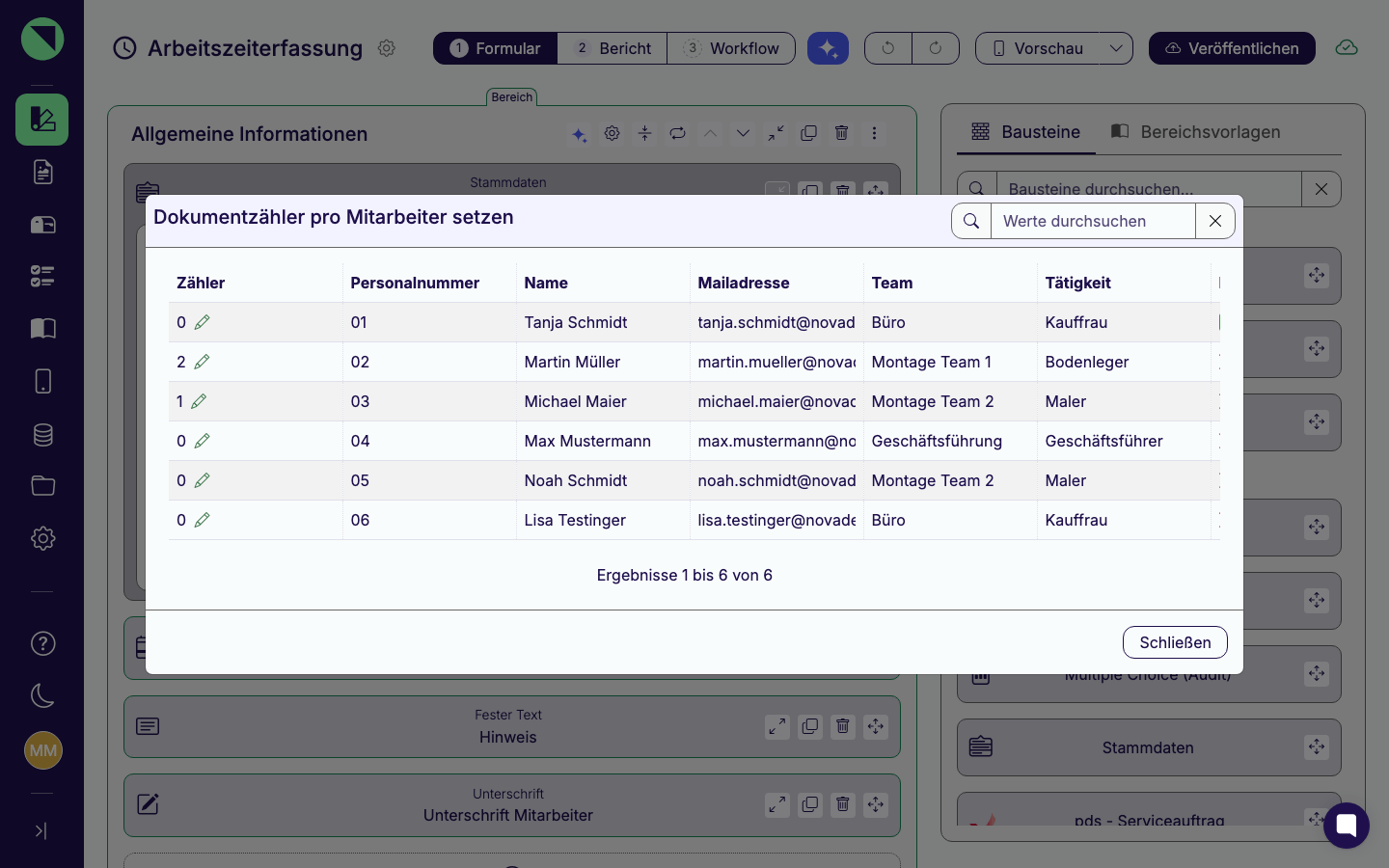 Dialog „Dokumentzähler pro Mitarbeiter setzen" mit einer Tabelle: eine Zeile pro Stammdaten-Eintrag, jeweils mit eigenem Zählerstand und Stift-Symbol „Zähler bearbeiten"