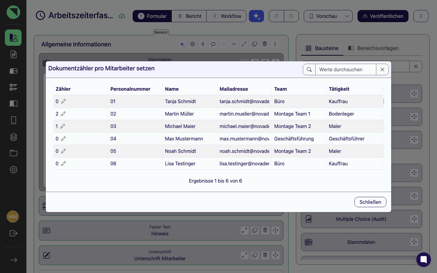 Dialog „Dokumentzähler pro Mitarbeiter setzen" mit einer Tabelle: eine Zeile pro Stammdaten-Eintrag, jeweils mit eigenem Zählerstand und Stift-Symbol „Zähler bearbeiten"