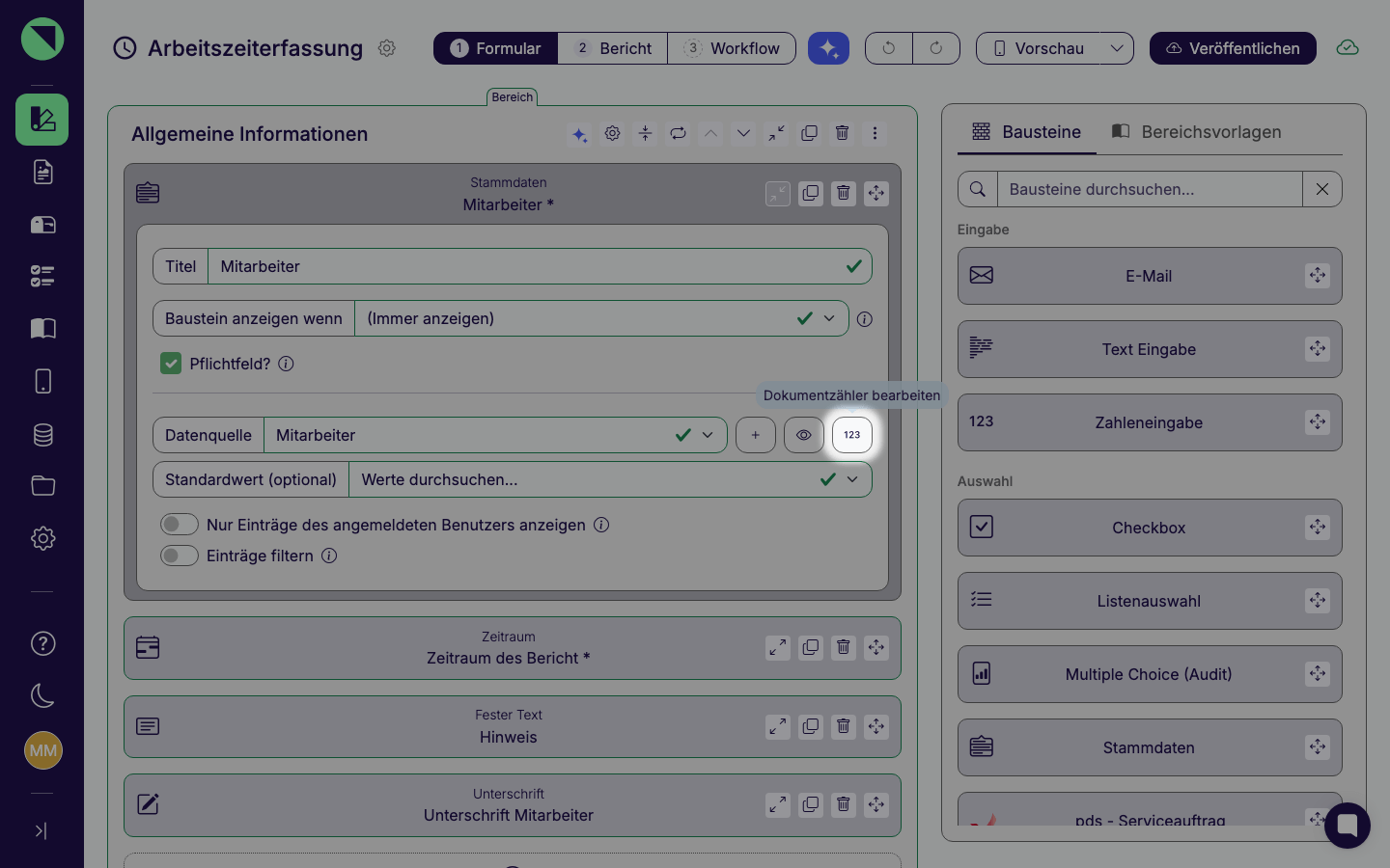 Einstellungen eines Stammdaten-Bausteins im Formular-Designer mit dem Zähler-Symbol und sichtbarem Tooltip „Dokumentzähler bearbeiten"