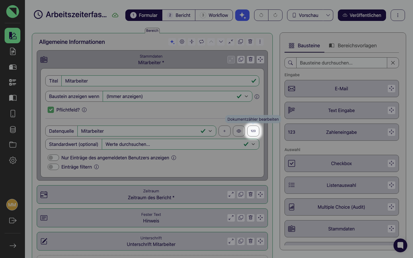 Einstellungen eines Stammdaten-Bausteins im Formular Designer mit dem Zähler-Symbol und sichtbarem Tooltip „Dokumentzähler bearbeiten"