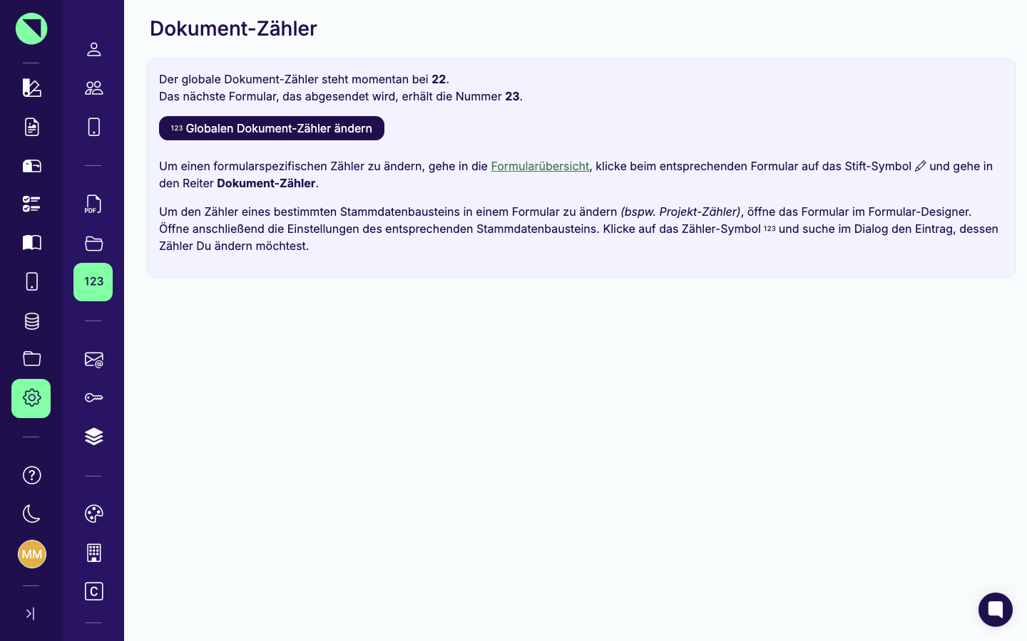 Seite „Dokument-Zähler" mit dem Hinweistext zum aktuellen globalen Zählerstand, dem Button „Globalen Dokument-Zähler ändern" sowie den Hinweisen zum formularspezifischen und stammdatenbezogenen Zähler