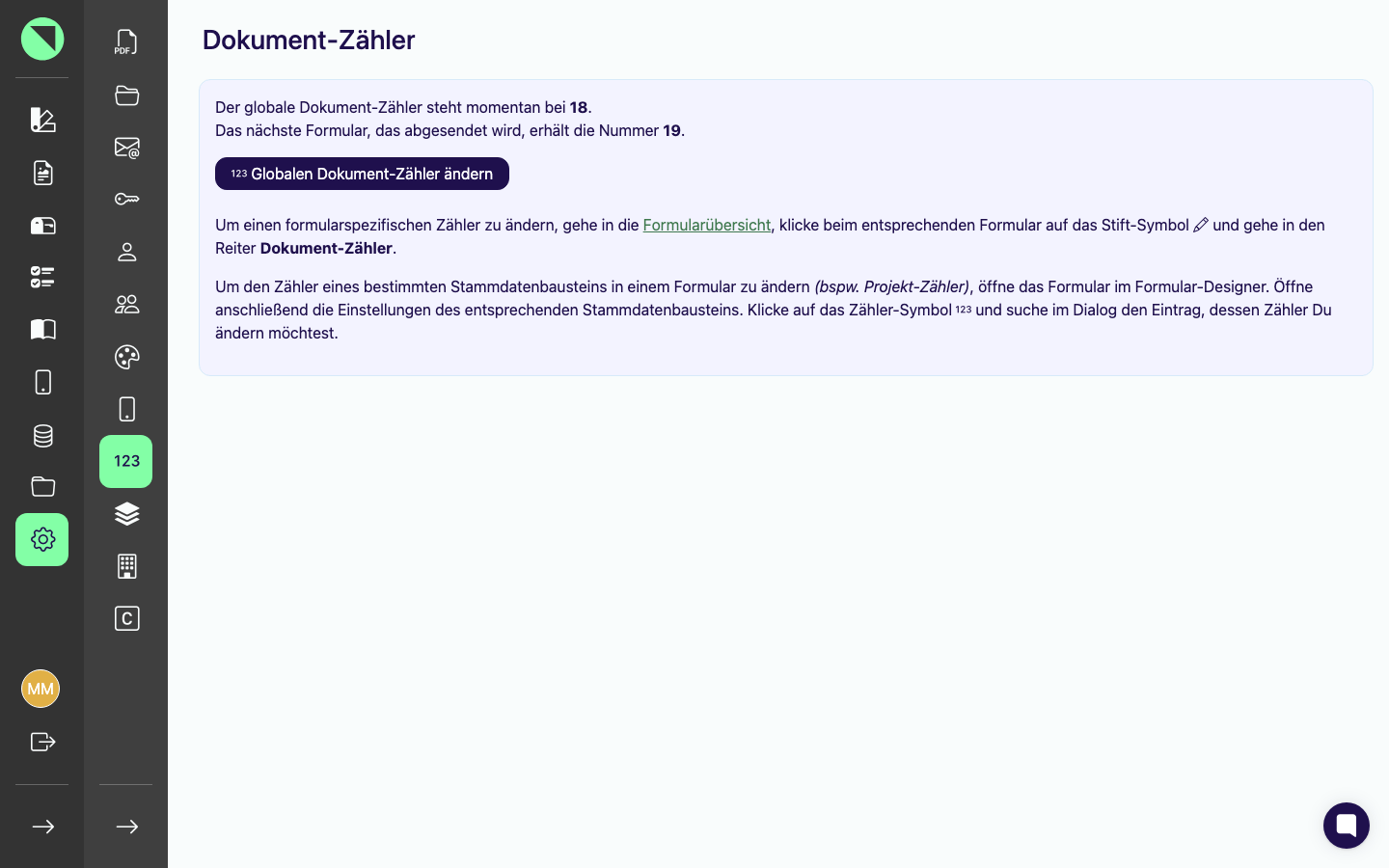 Seite „Dokument-Zähler" mit dem Hinweistext zum aktuellen globalen Zählerstand, dem Button „Globalen Dokument-Zähler ändern" sowie den Hinweisen zum formularspezifischen und stammdatenbezogenen Zähler