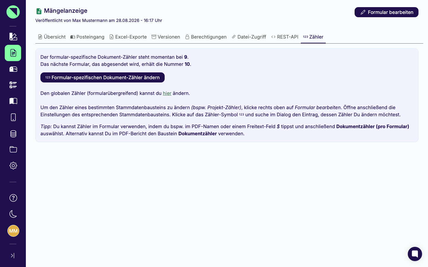 Reiter „Zähler" eines Formulars mit dem aktuellen formularspezifischen Zählerstand, dem Button „Formular-spezifischen Dokument-Zähler ändern" und dem Link zum globalen Zähler