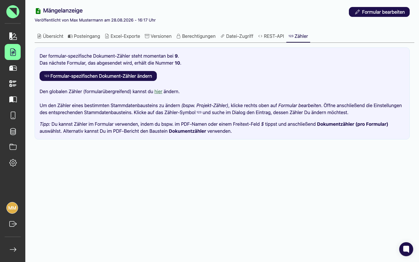 Tab „Zähler" eines Formulars mit dem aktuellen formular-spezifischen Zählerstand, dem Button „Formular-spezifischen Dokument-Zähler ändern" und dem Link „Den globalen Zähler (formularübergreifend) kannst du hier ändern."