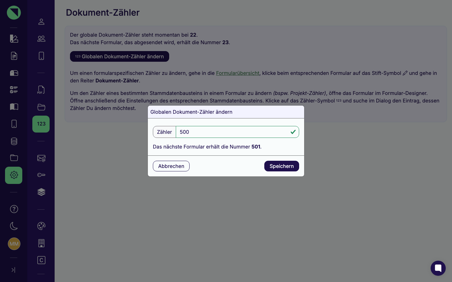 Modal „Globalen Dokument-Zähler ändern" mit ausgefülltem Zahlenfeld „Zähler" und der Live-Vorschau „Das nächste Formular erhält die Nummer ...", sowie den Buttons Abbrechen und Speichern