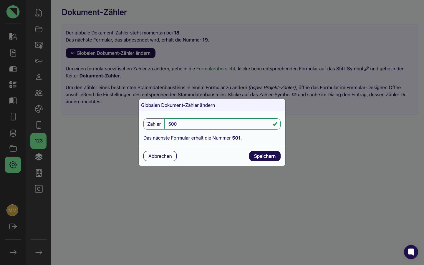 Modal „Globalen Dokument-Zähler ändern" mit ausgefülltem Zahlenfeld „Zähler" und der Live-Vorschau „Das nächste Formular erhält die Nummer ...", sowie den Buttons Abbrechen und Speichern