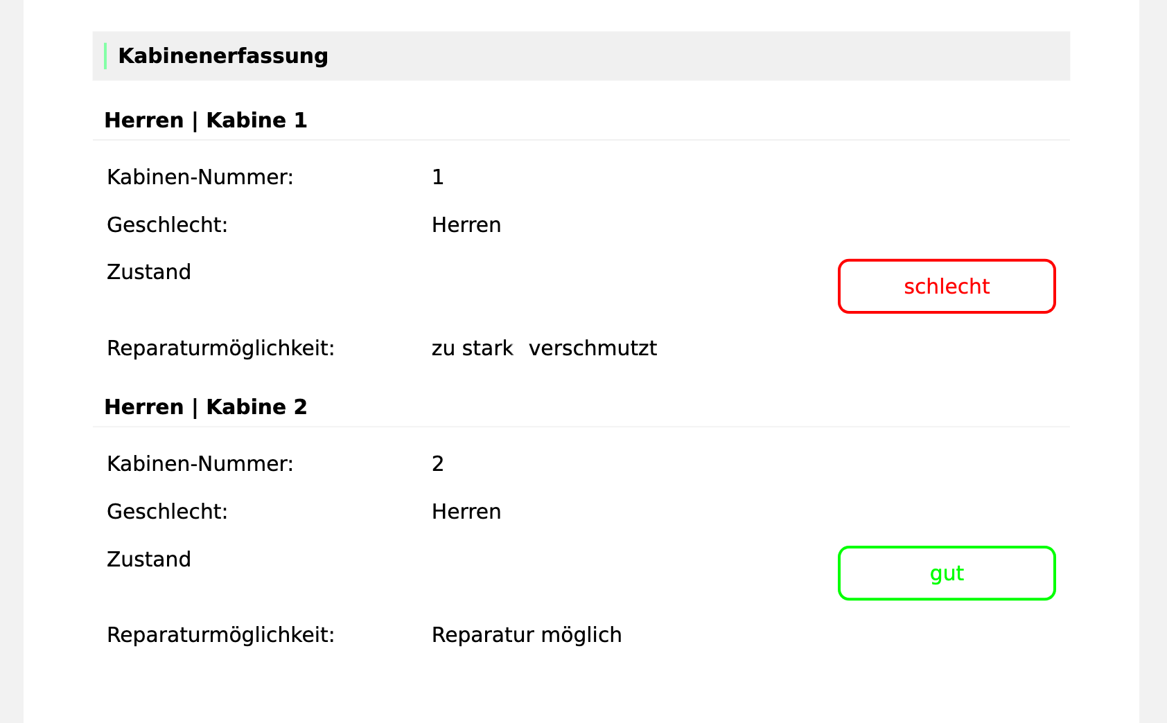 Ausschnitt eines PDF-Berichts mit dem Abschnitt Kabinenerfassung: Die beiden Einträge tragen die dynamischen Titel Herren | Kabine 1 und Herren | Kabine 2 statt einer Nummerierung